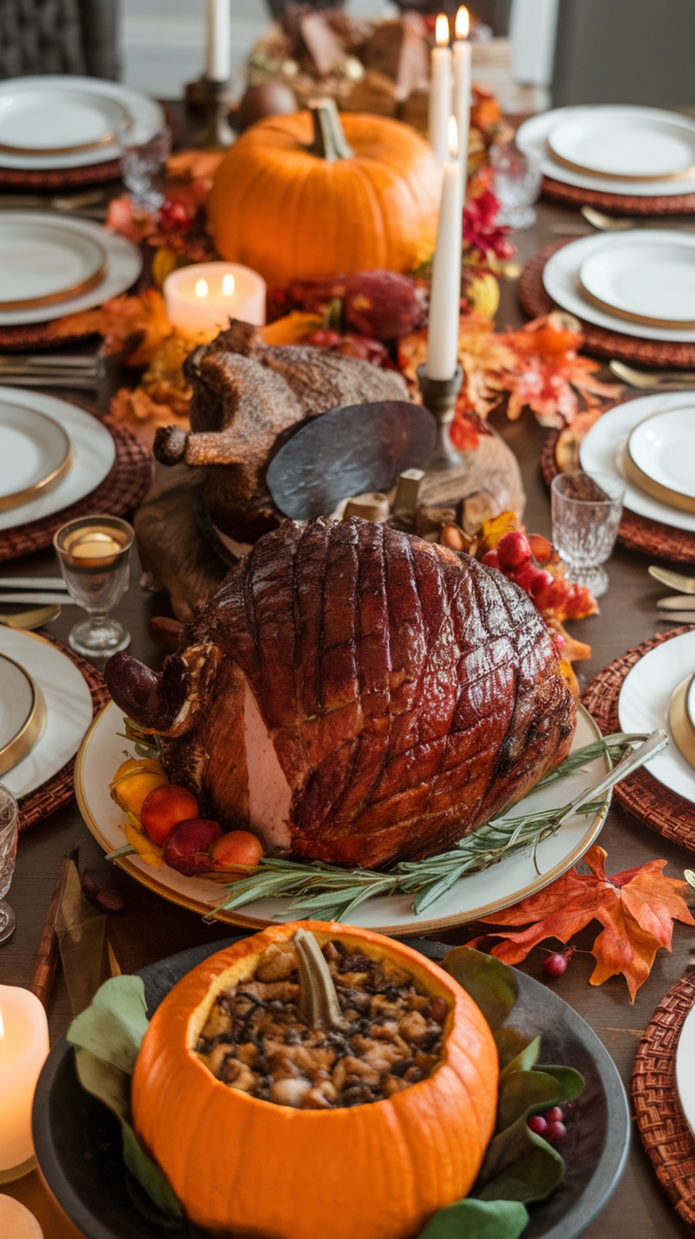 A beautifully arranged Thanksgiving table featuring a glazed ham, pumpkins, and autumn decorations.