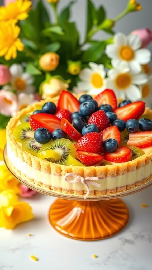 A beautiful vegan fruit tart topped with strawberries, blueberries, and kiwi, displayed on a decorative stand with flowers in the background.