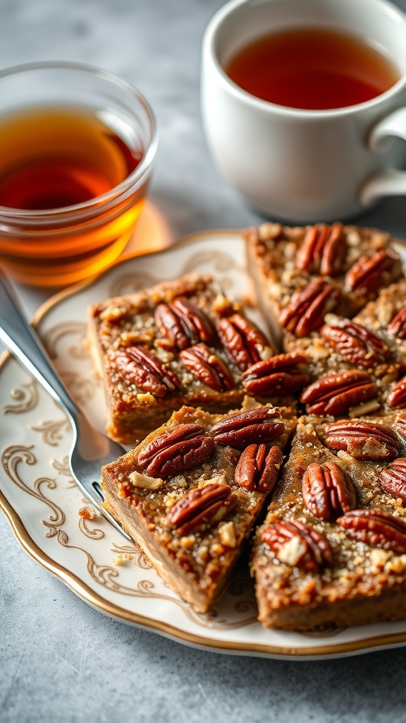 A plate of vegan pecan pie bars with whole pecans on top, accompanied by a cup of tea and a glass of syrup.