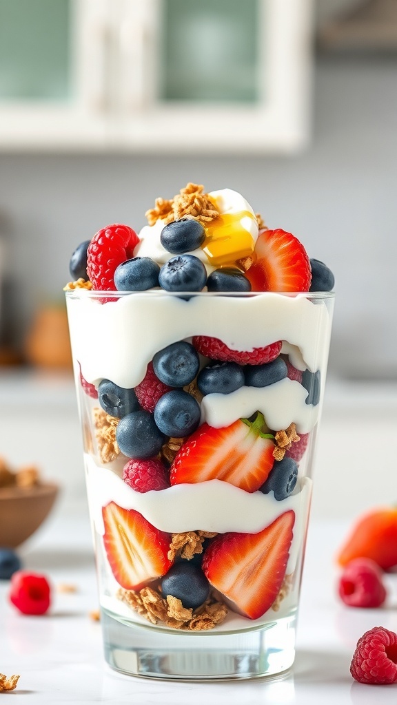 A yogurt parfait with layers of yogurt, fresh berries, and granola in a glass.
