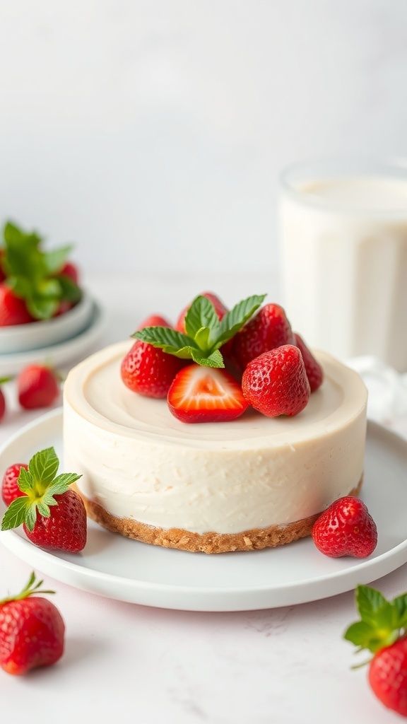 A creamy no-bake cheesecake topped with fresh strawberries on a white plate.