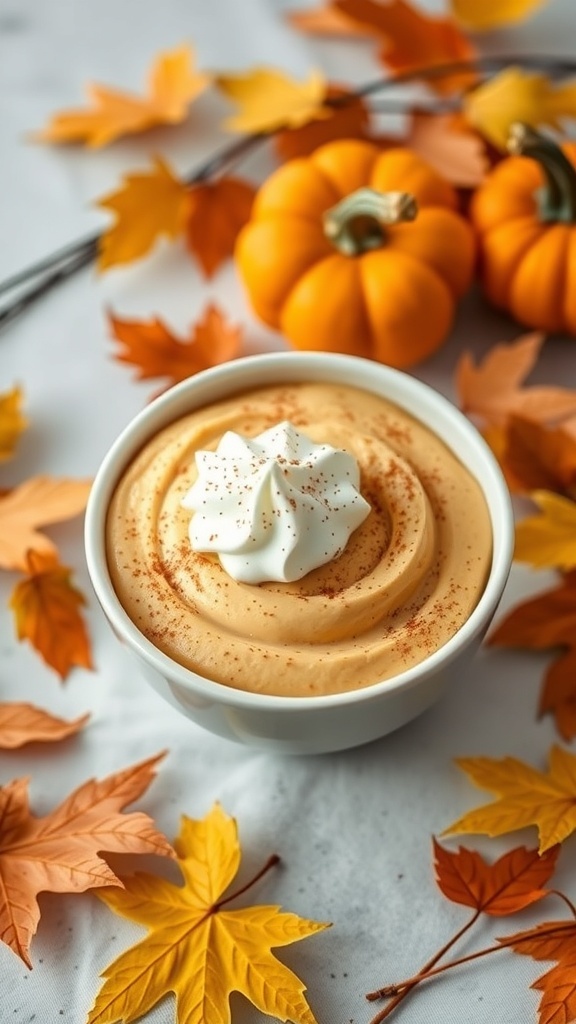 A bowl of creamy pumpkin mousse topped with whipped cream and cinnamon, surrounded by autumn leaves and small pumpkins.