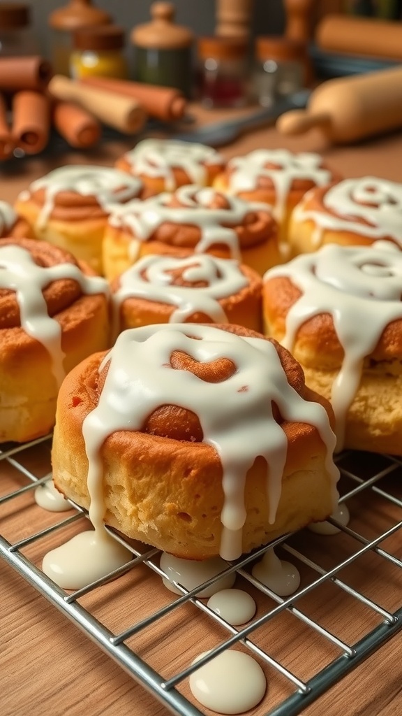 Freshly baked cinnamon rolls drizzled with icing on a cooling rack.