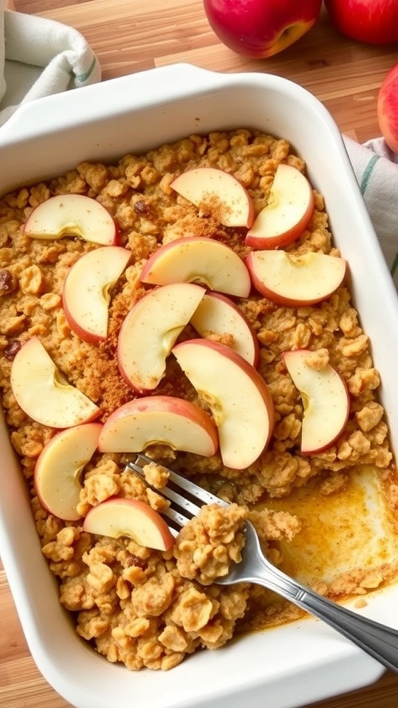 A delicious apple cinnamon oatmeal bake topped with apple slices, served in a white baking dish.