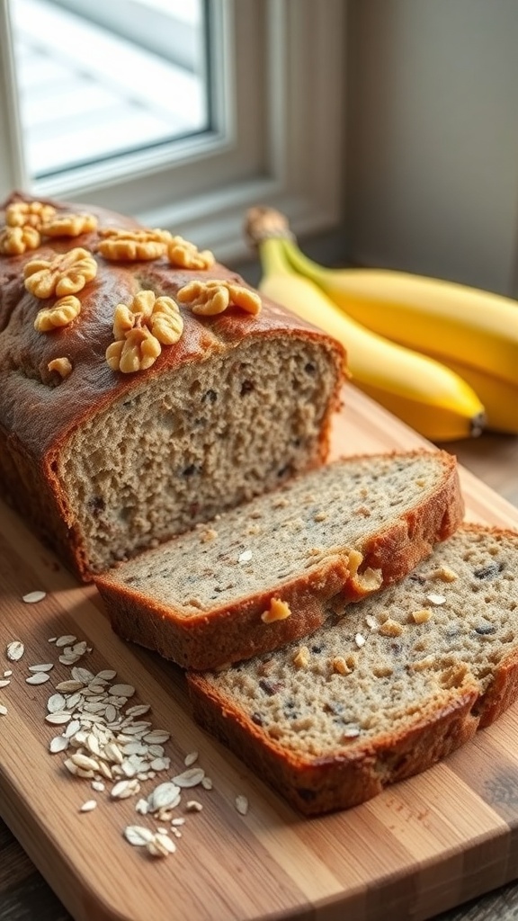 A loaf of banana bread with walnuts, sliced on a wooden board, with fresh bananas in the background.