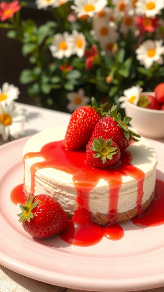 A light strawberry cheesecake topped with fresh strawberries and strawberry sauce, set against a backdrop of flowers.