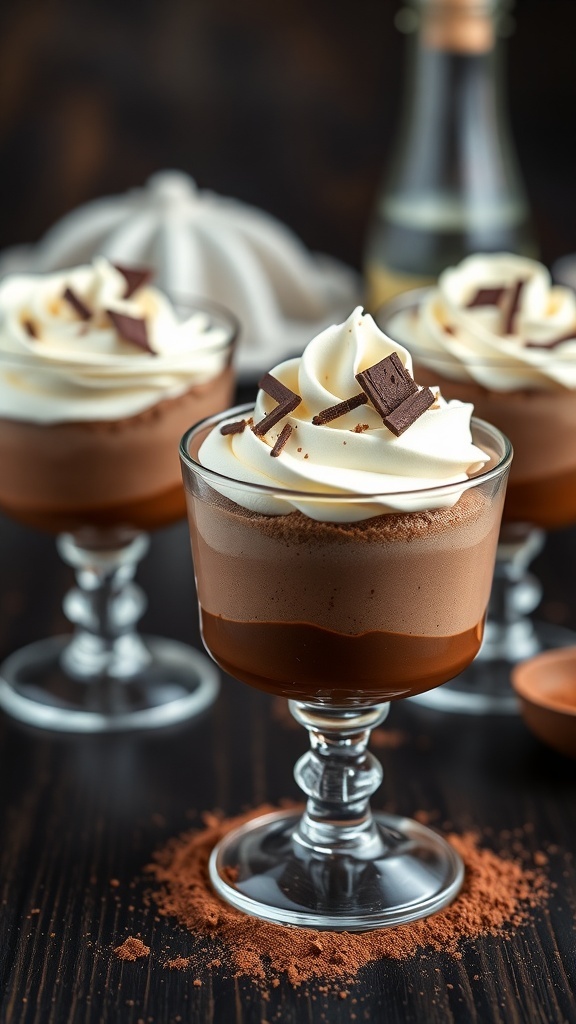 Chocolate mousse cups topped with whipped cream and chocolate shavings