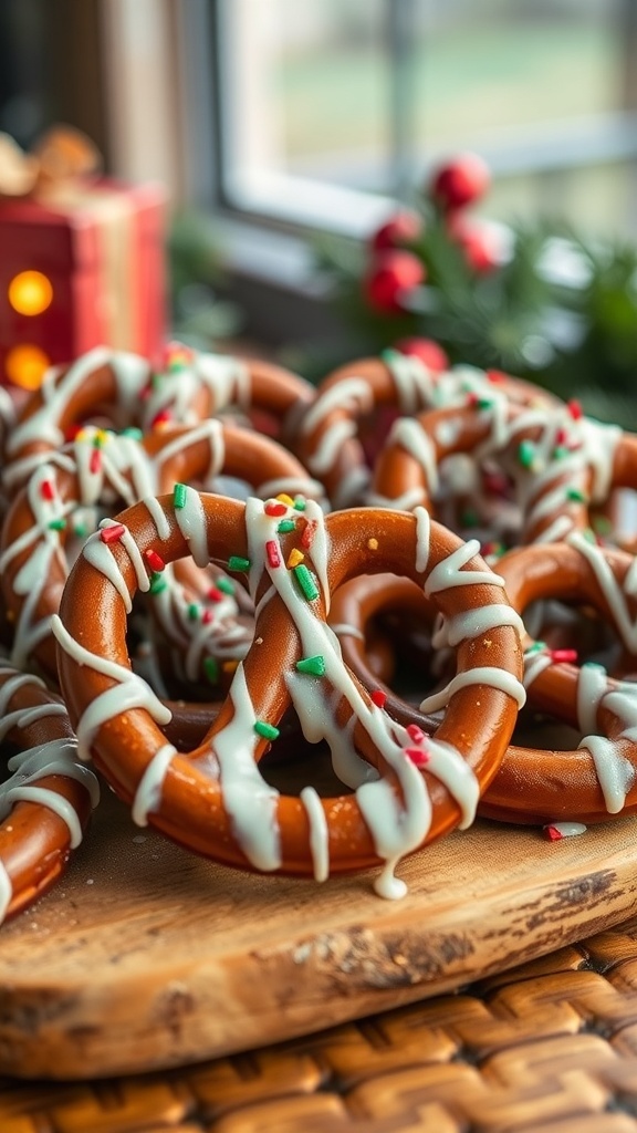 A plate of chocolate-covered pretzels decorated with festive sprinkles