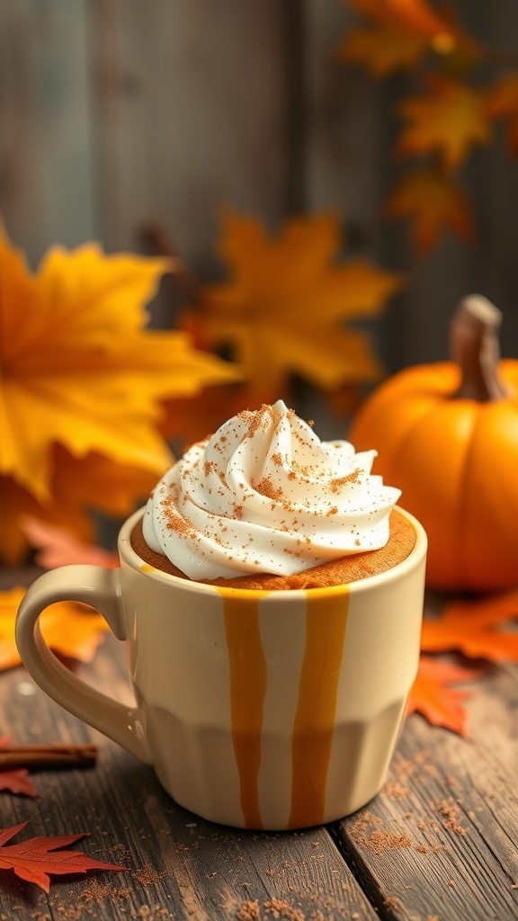 A pumpkin spice mug cake topped with whipped cream and caramel, surrounded by autumn leaves and a small pumpkin.