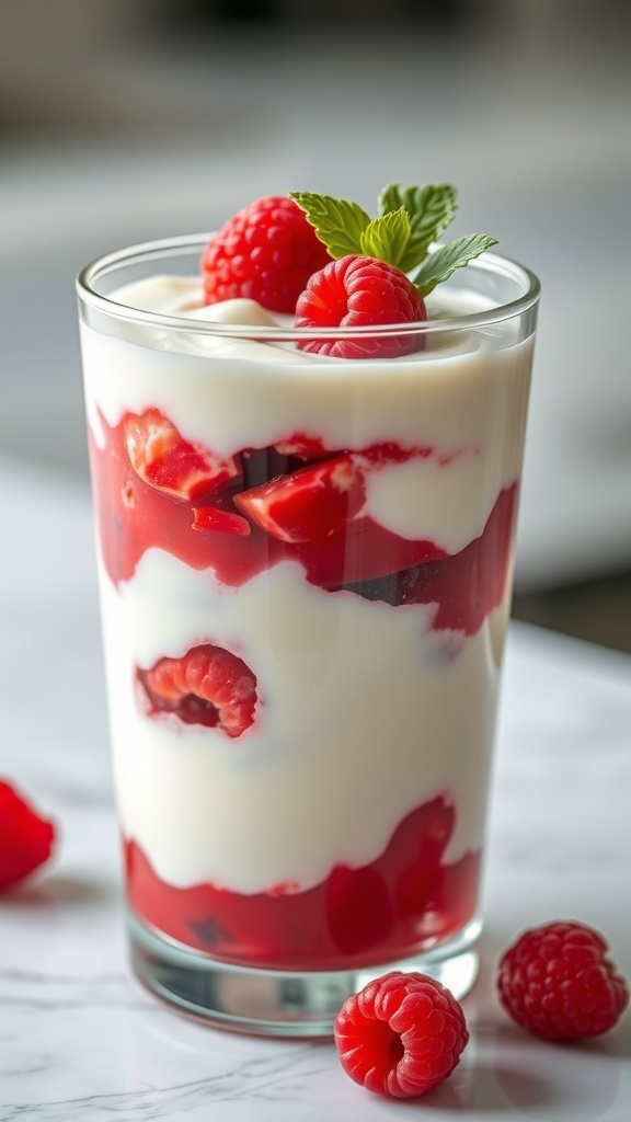 A glass of raspberry fool dessert with layers of cream and raspberries, garnished with mint leaves.
