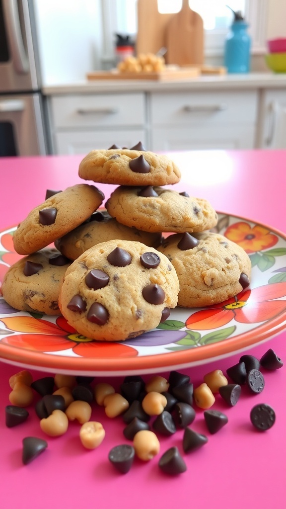 A plate of chickpea chocolate chip cookies with chocolate chips scattered around.