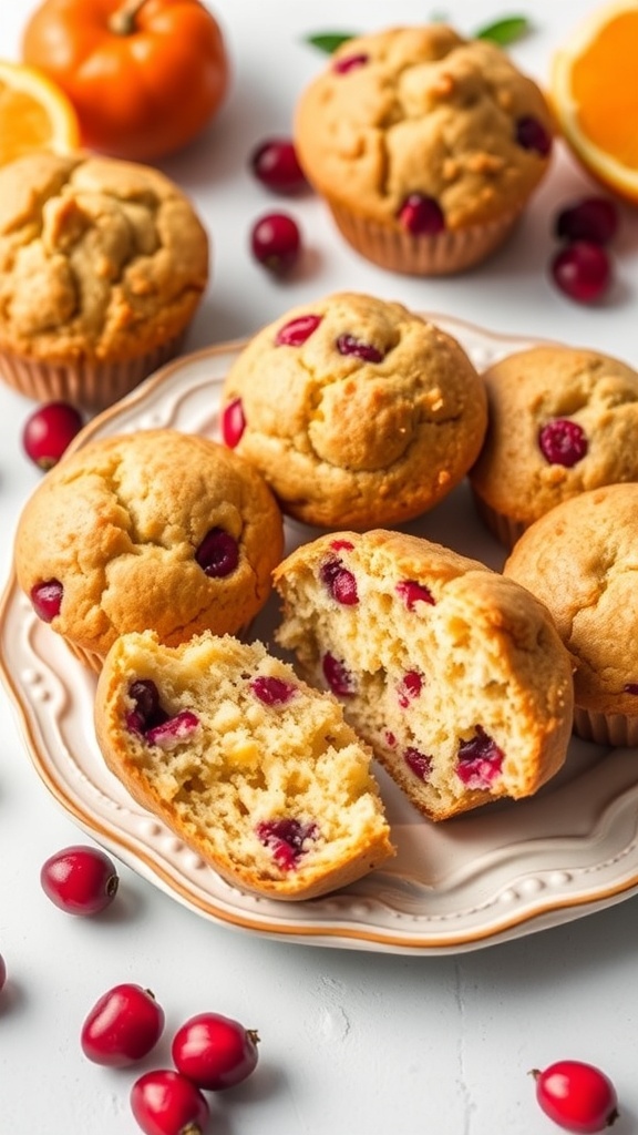 A plate of cranberry orange muffins with fresh cranberries and orange slices.