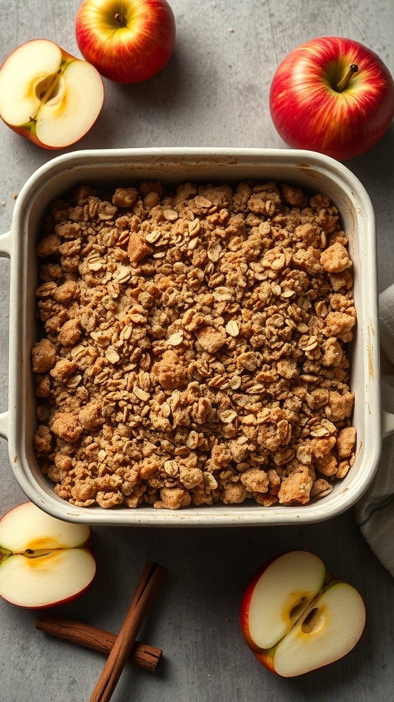 A delicious apple crisp with oat topping in a baking dish, surrounded by fresh apples and cinnamon sticks.