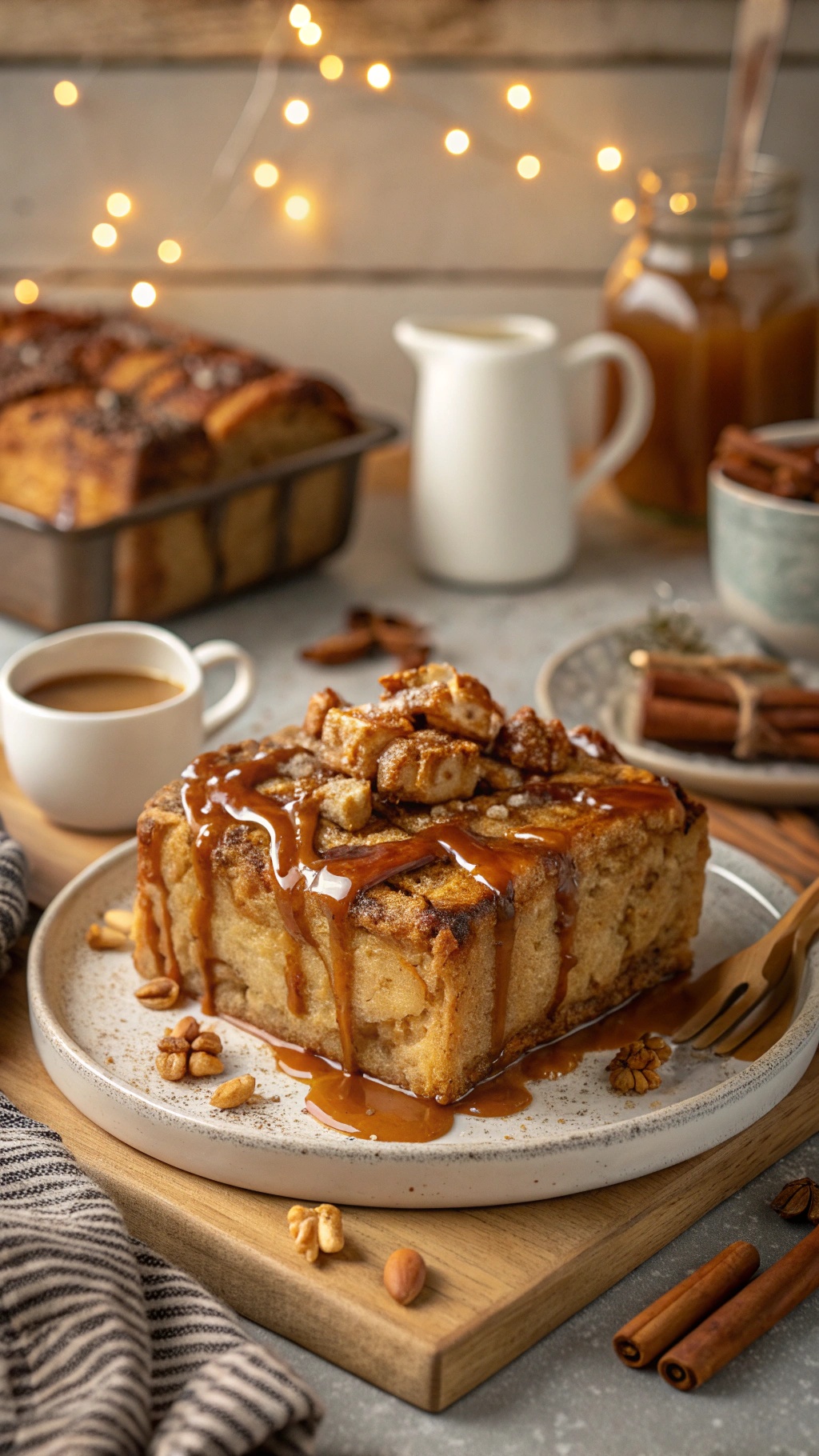 A delicious Salted Caramel French Toast Casserole topped with caramel sauce and nuts, served with coffee.