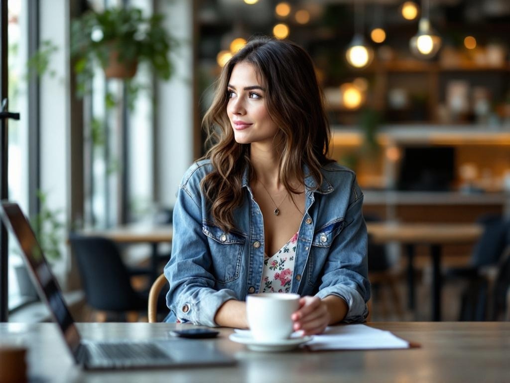 Woman wearing a denim jacket over a floral dress, sitting at a cafe with a cup of coffee.