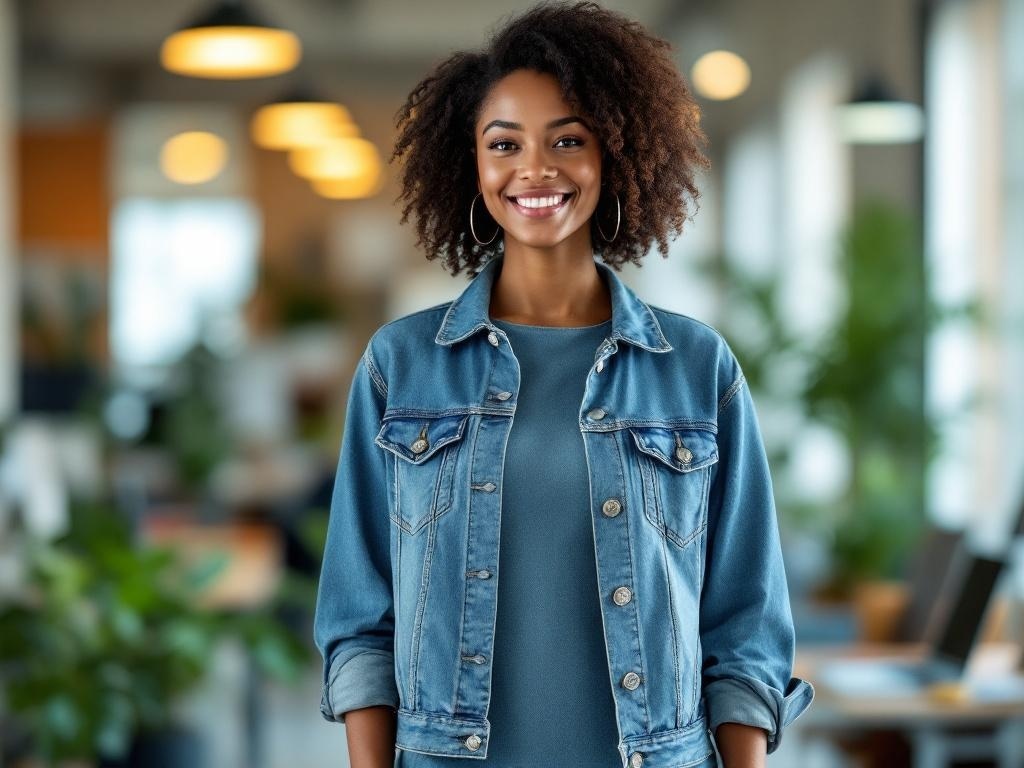 A woman wearing a denim jacket over a shift dress, smiling in an office setting.