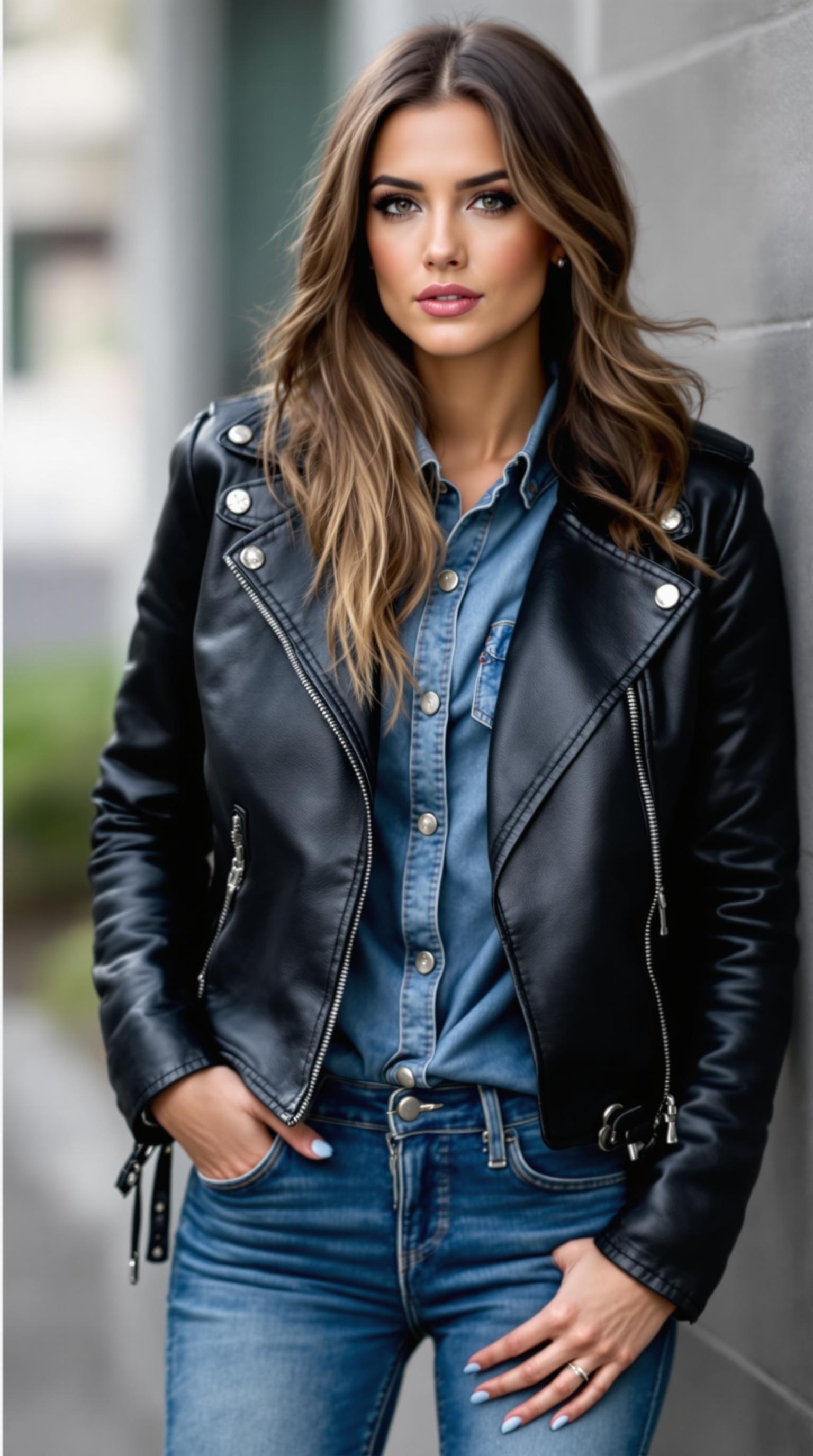 A brown leather jacket over a denim shirt, displayed against a rustic wooden background.