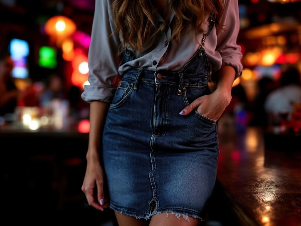 A woman wearing a denim skirt and a classy top, standing in a lively bar setting.