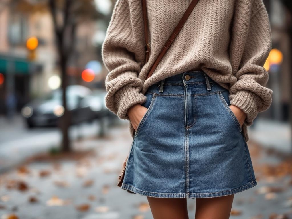 A person wearing a cozy knit sweater and a denim skirt, standing outdoors with a city street in the background.