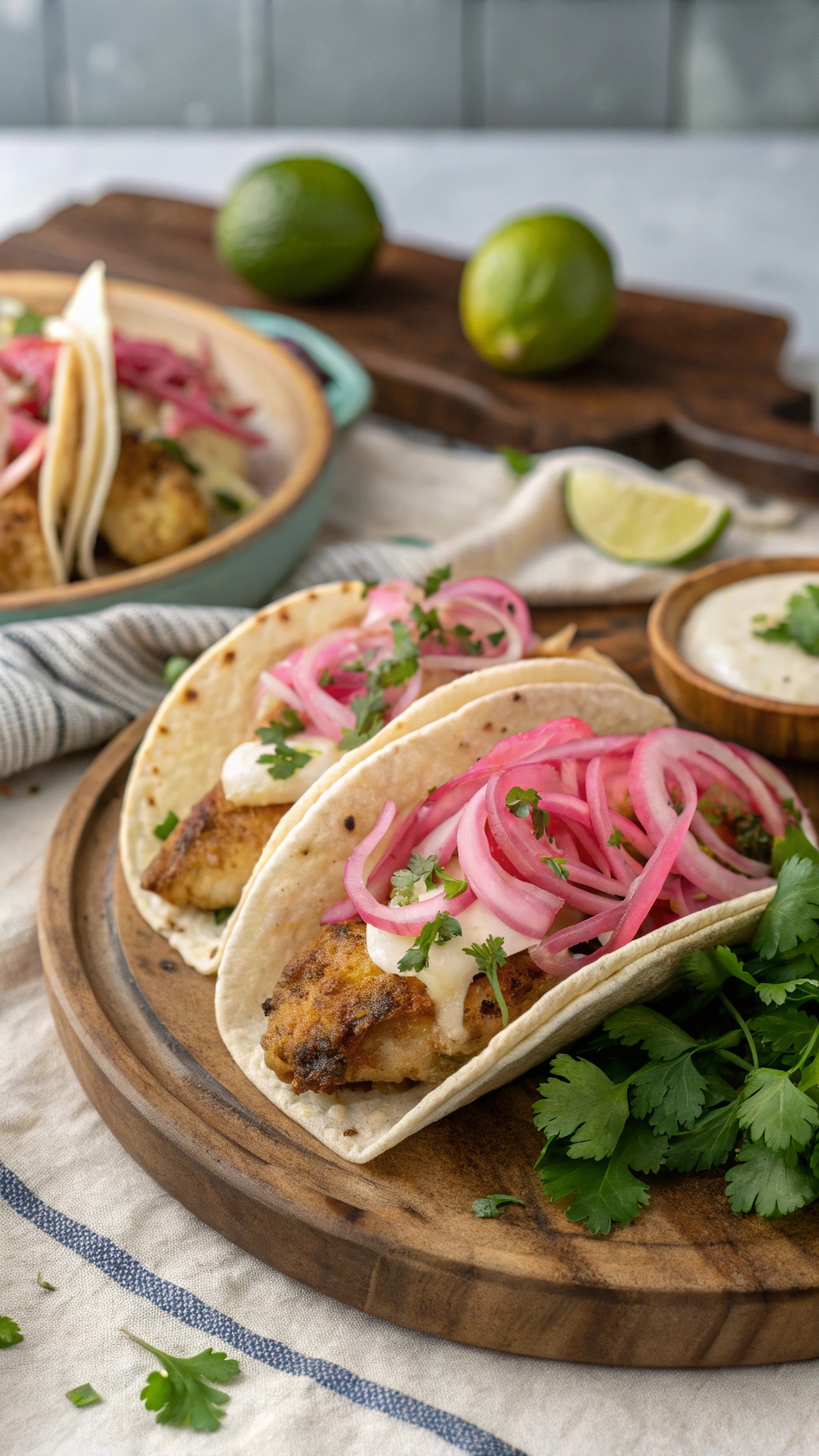 Dijon mustard fish tacos with pickled onions on a wooden plate, garnished with cilantro and lime.