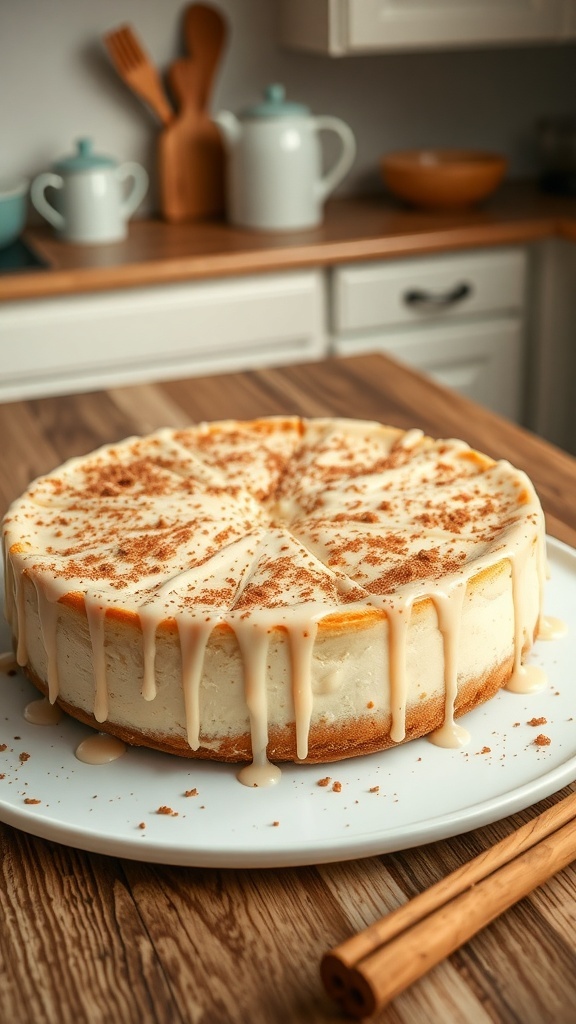 A beautifully baked cinnamon roll protein cheesecake with a creamy top and a drizzle of glaze, placed on a white plate with cinnamon sticks beside it.
