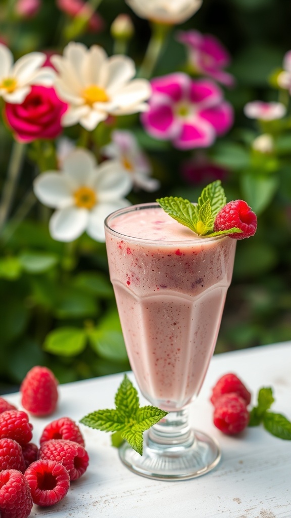 A refreshing raspberry cheesecake smoothie garnished with mint leaves and fresh raspberries, surrounded by colorful flowers.