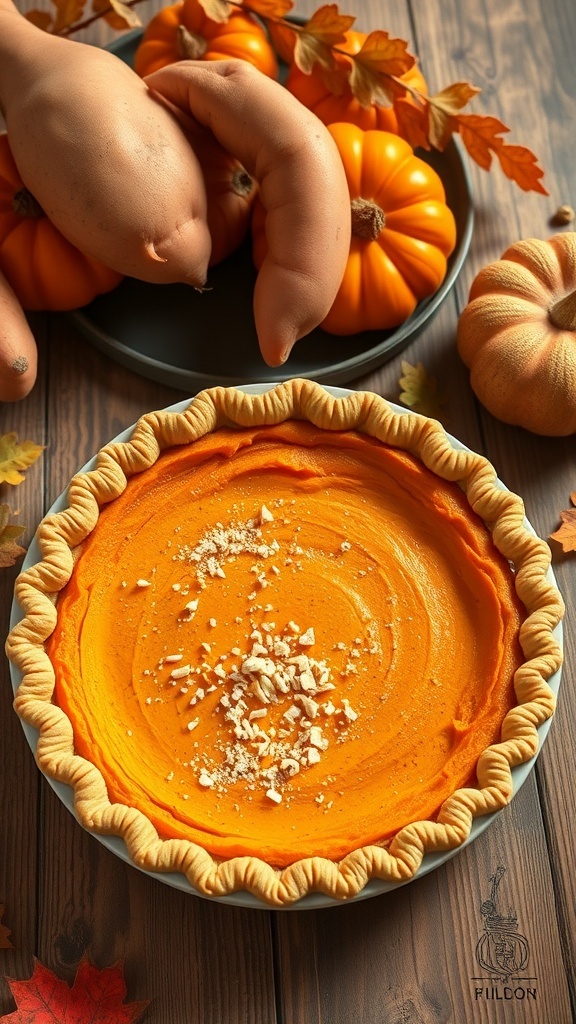 A sweet potato pie surrounded by fresh sweet potatoes and pumpkins, showcasing fall flavors.