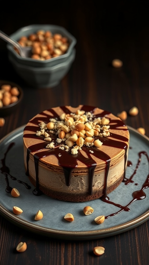 A rich hazelnut chocolate protein cheesecake topped with hazelnuts and chocolate sauce, served on a plate.