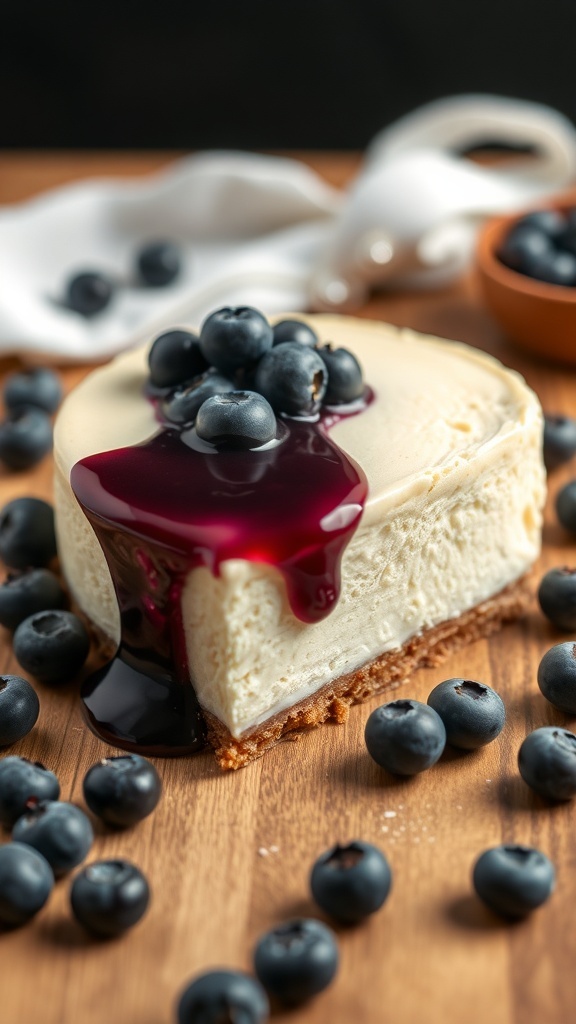 A slice of blueberry protein cheesecake topped with fresh blueberries and blueberry sauce, surrounded by scattered blueberries on a wooden surface.