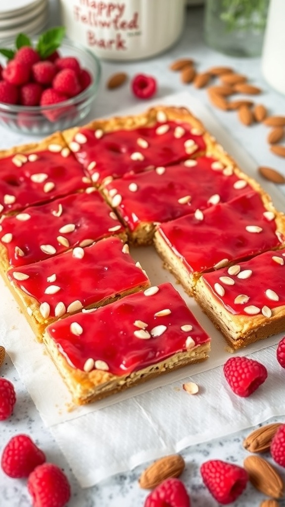 Raspberry almond bars with a vibrant red topping and sliced almonds on top, surrounded by fresh raspberries and almonds.