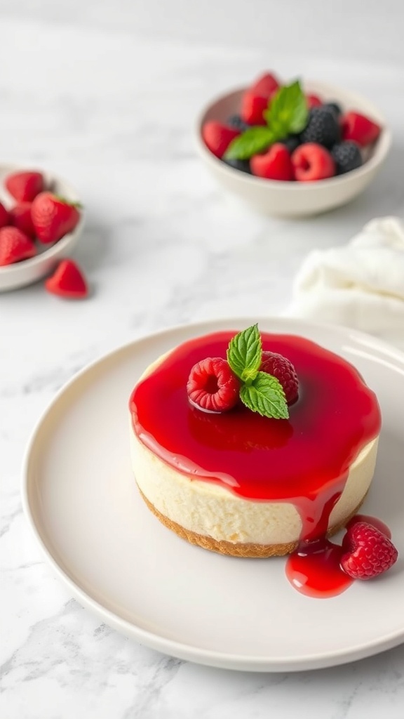 A creamy no-bake cheesecake topped with fruit glaze and fresh raspberries on a plate.