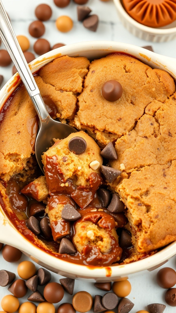 A creamy peanut butter chocolate bread pudding with chocolate chips on top, served in a baking dish.