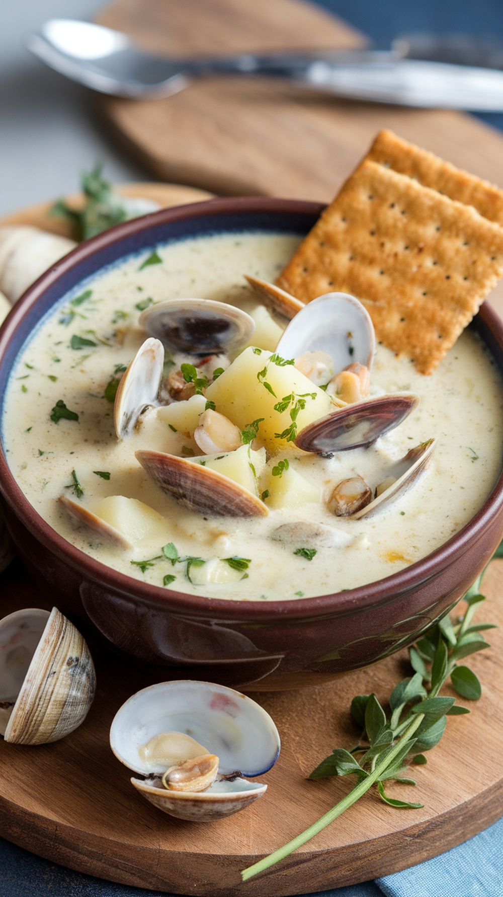 A bowl of clam chowder with crackers, set against a coastal backdrop.