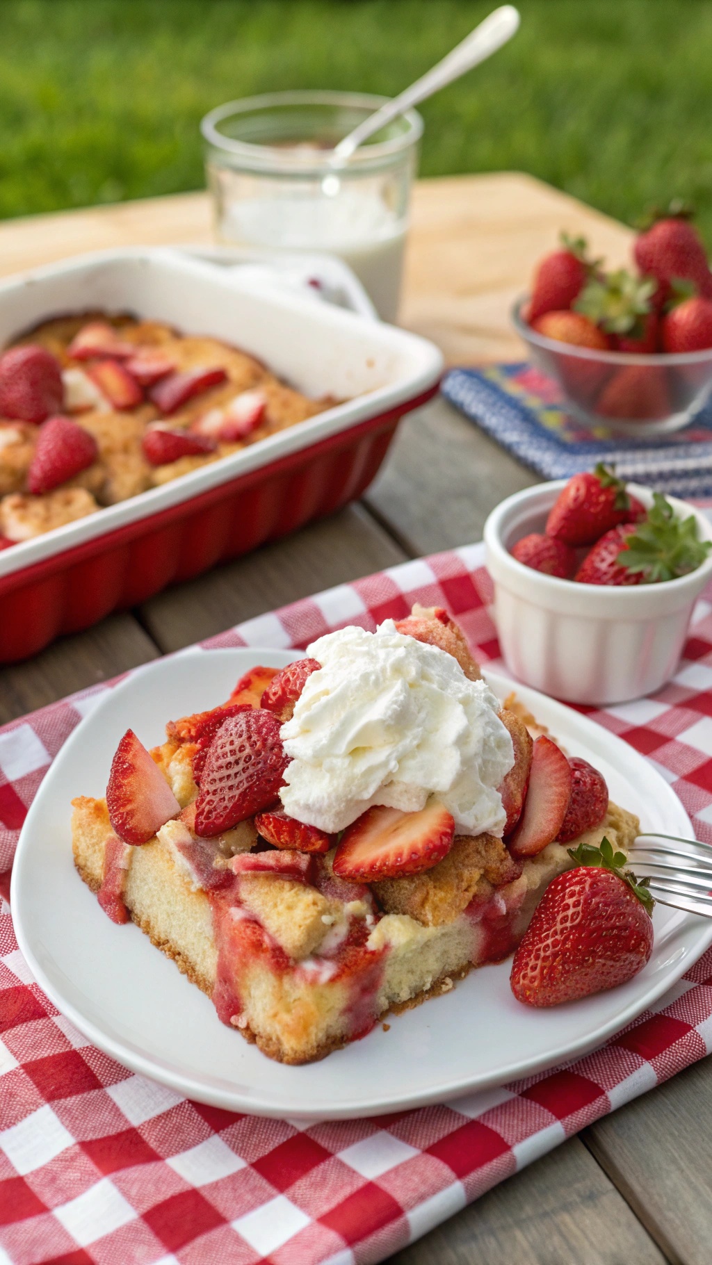 A serving of Strawberry Shortcake French Toast Casserole topped with fresh strawberries and whipped cream on a plate, with more casserole in the background.