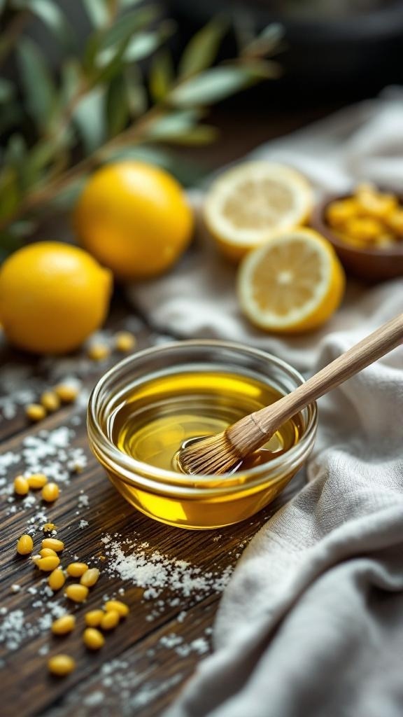 A bowl of olive oil with a brush, fresh lemons, and some yellow seeds on a wooden surface.