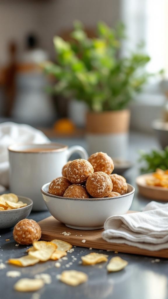 A bowl of energy balls surrounded by fruit chips and a cup of coffee on a kitchen counter.