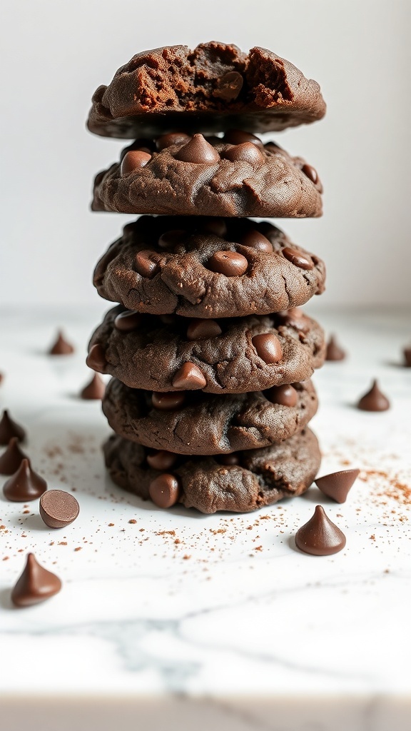 A stack of double chocolate keto chip cookies with chocolate chips scattered around.