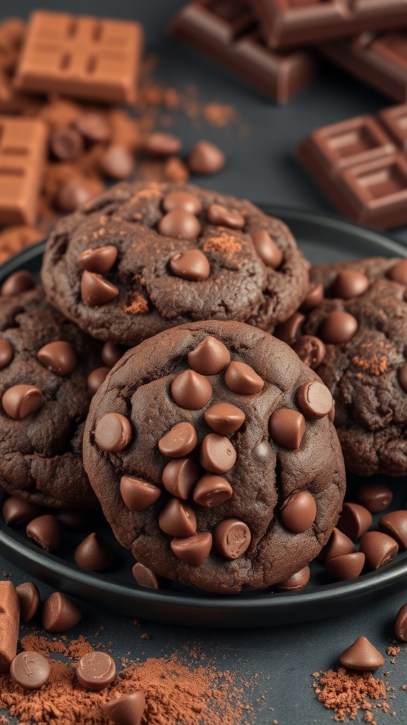 A plate of double chocolate protein cookies with chocolate chips, surrounded by chocolate bars and cocoa powder.