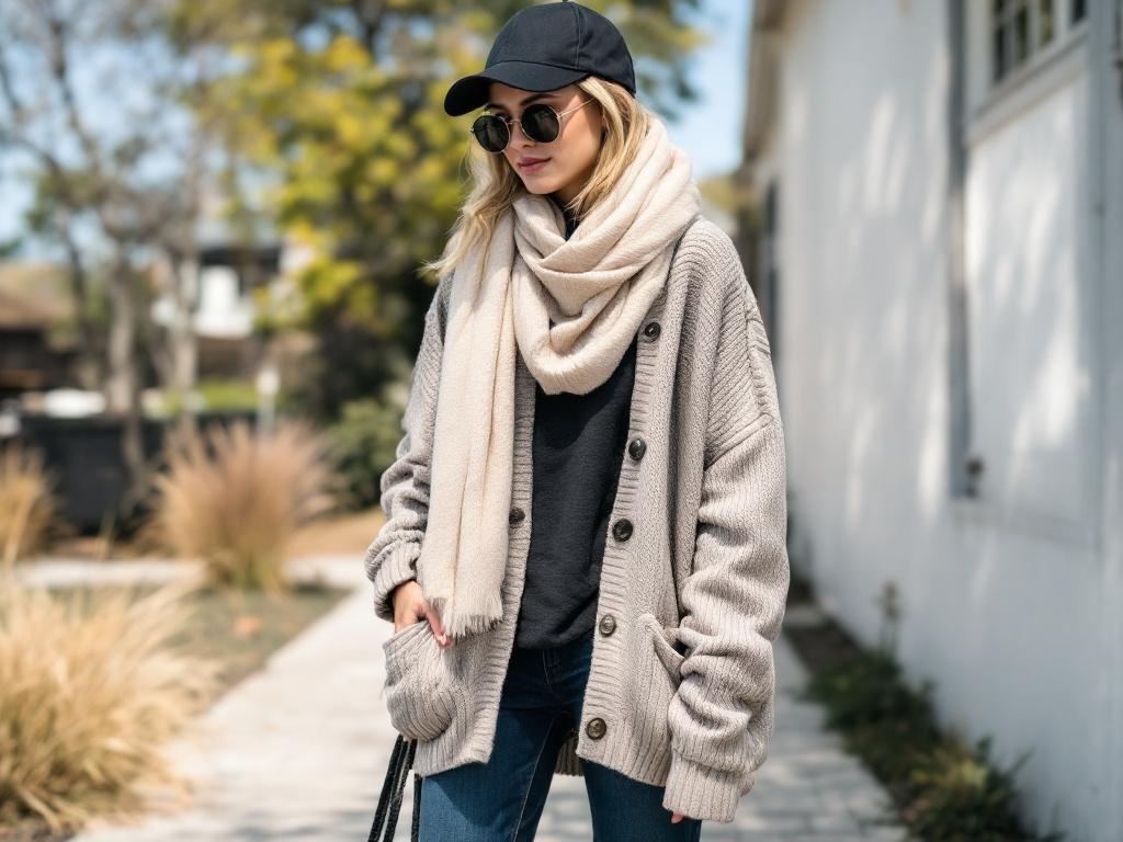 A person wearing a cozy cardigan, black tee, scarf, cap, and sunglasses, standing outdoors.