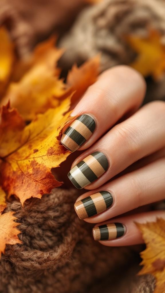 Nails painted with earthy green and tan stripes, surrounded by autumn leaves.