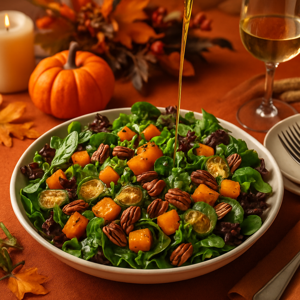 A vibrant Thanksgiving salad with mixed greens, roasted butternut squash, pecans, and Brussels sprouts, garnished with a drizzle of dressing.