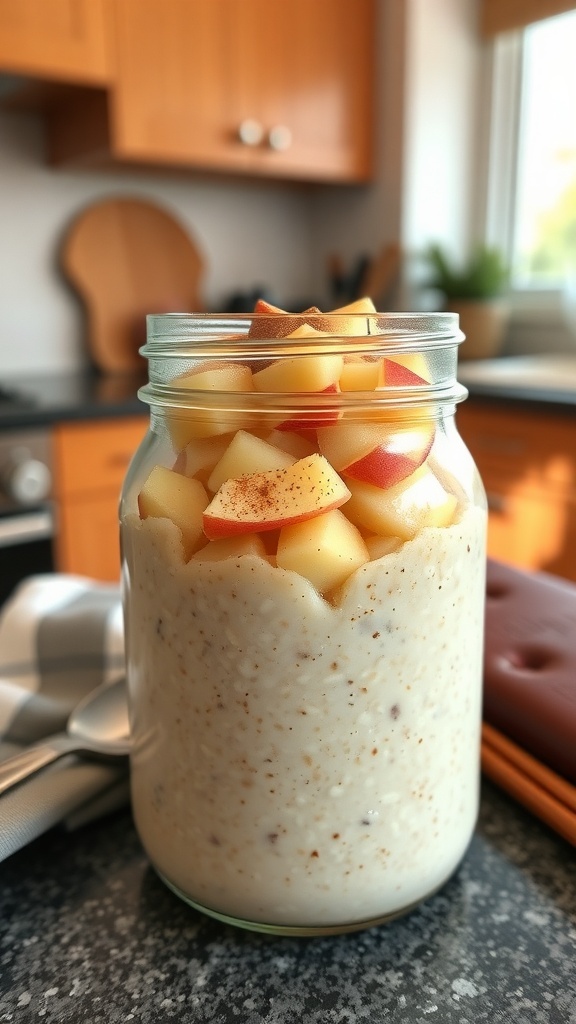 A jar of apple cinnamon overnight oats with diced apples on top, placed on a kitchen counter.