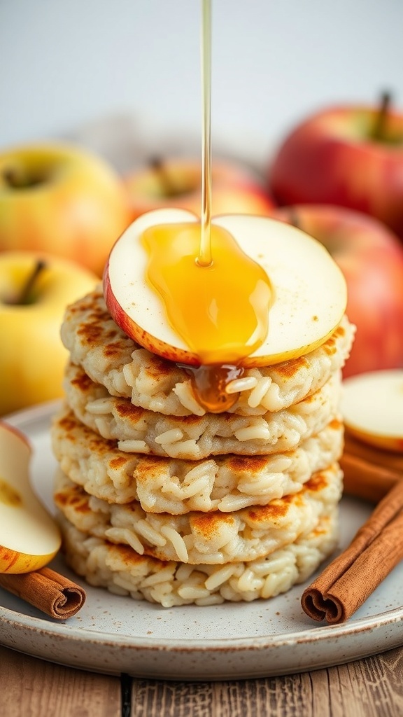 Stack of apple cinnamon rice cakes topped with apple slices and syrup, surrounded by fresh apples and cinnamon sticks.