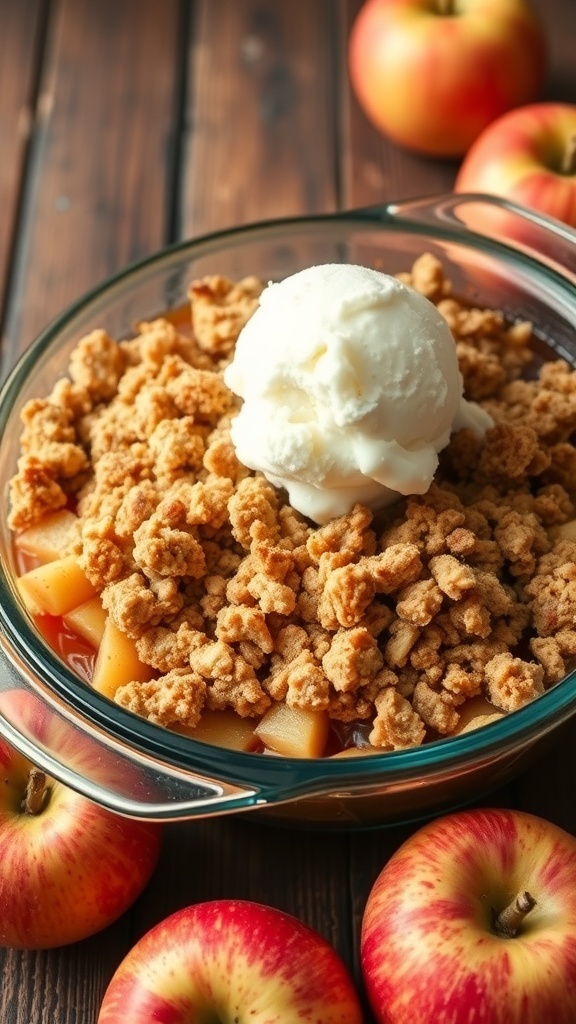 A delicious apple crisp topped with vanilla ice cream, surrounded by fresh apples.