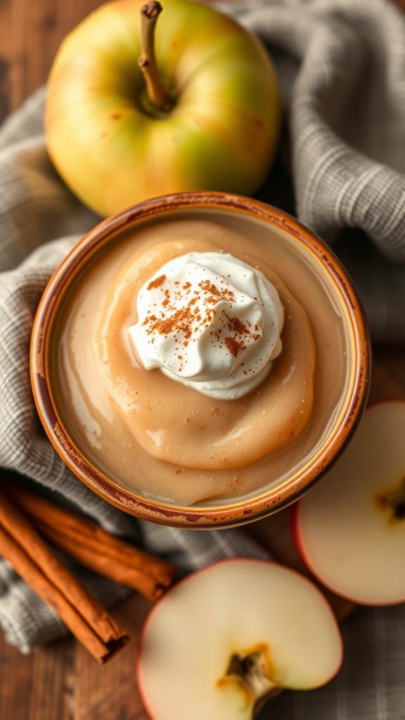 A bowl of creamy apple pudding topped with whipped cream and cinnamon, surrounded by fresh apples and cinnamon sticks.