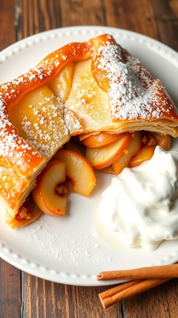 A delicious apple strudel made with puff pastry, served with whipped cream and cinnamon sticks.