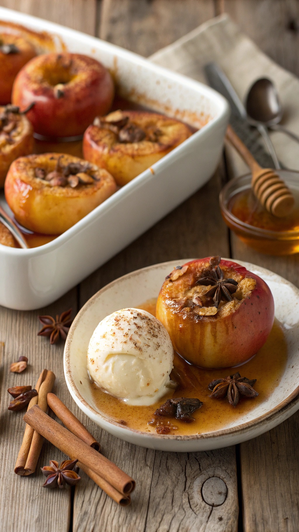 Baked apples with cinnamon and honey, served with ice cream.