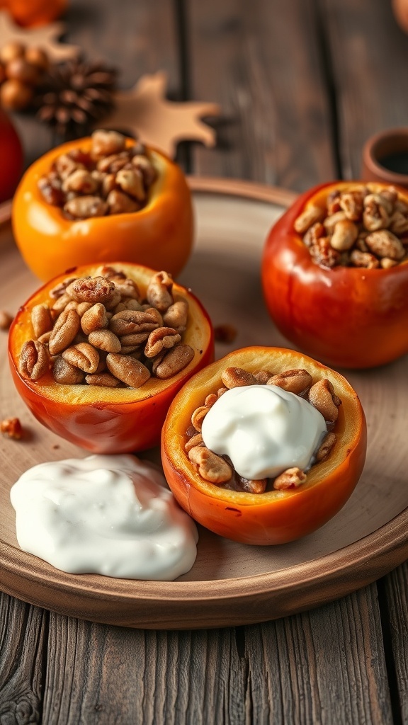 Baked apples filled with nuts and served with yogurt on a wooden plate.