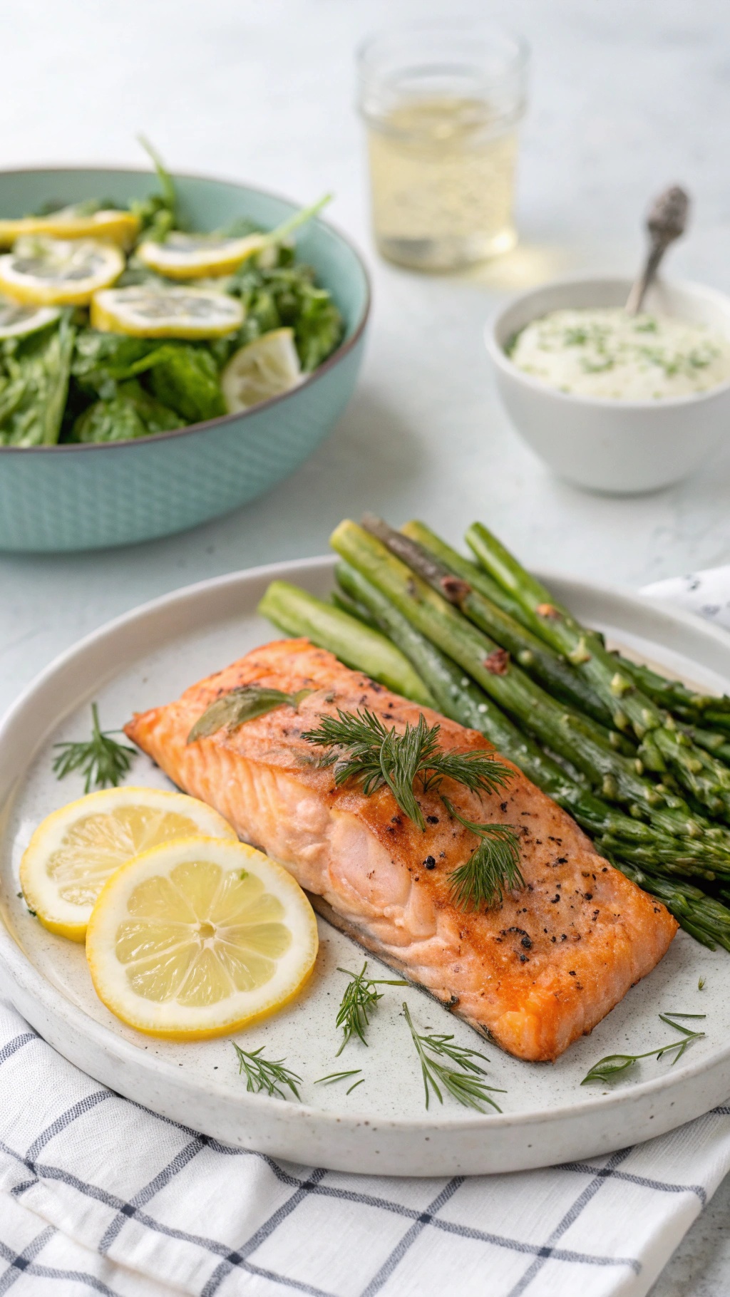 Baked salmon fillet with dill and lemon, served with asparagus and a fresh salad.
