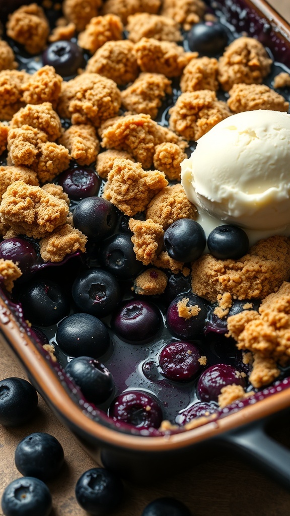 A delicious blueberry crumble topped with ice cream